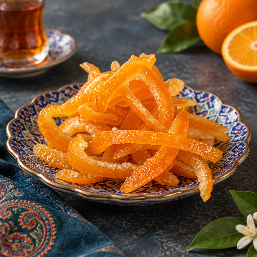 Create a photorealistic, high-end commercial food photograph for Candied Orange Peels, based on the uploaded product ima