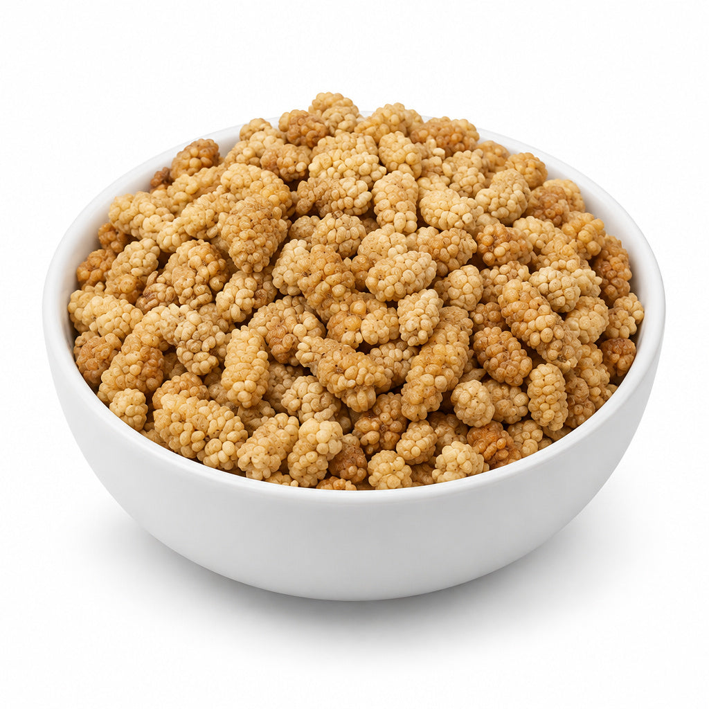 Create a photorealistic, high-end commercial product photograph of the uploaded Dried Mulberries #2 - (Dehydrated Crunch
