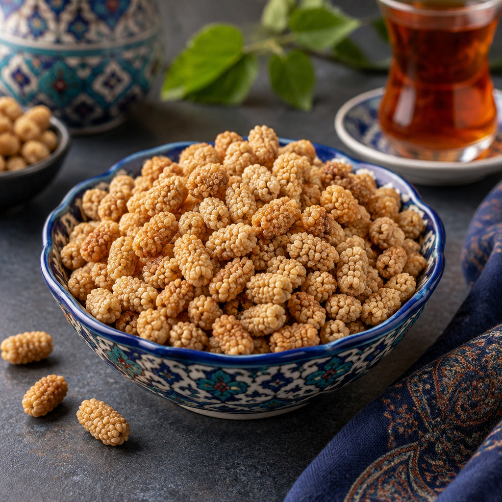 Create a photorealistic, high-end commercial food photograph for Dried Mulberries #2 - (Dehydrated Crunchy), based on th