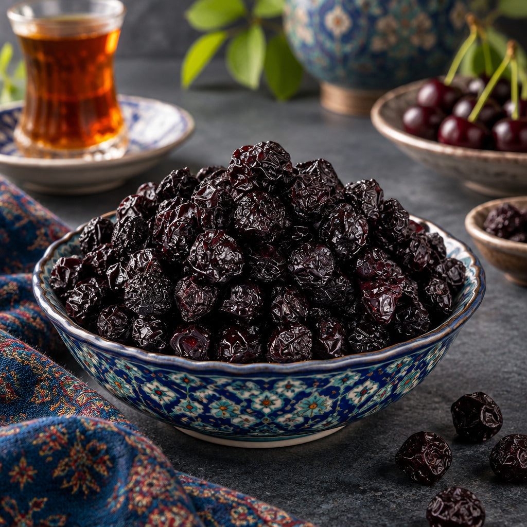 Create a photorealistic, high-end commercial food photograph for Black Sour Cherry, based on the uploaded product image.