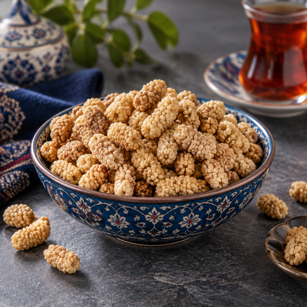 Create a photorealistic, high-end commercial food photograph for Dried Mulberries #1 - (Dehydrated Crunchy), based on th