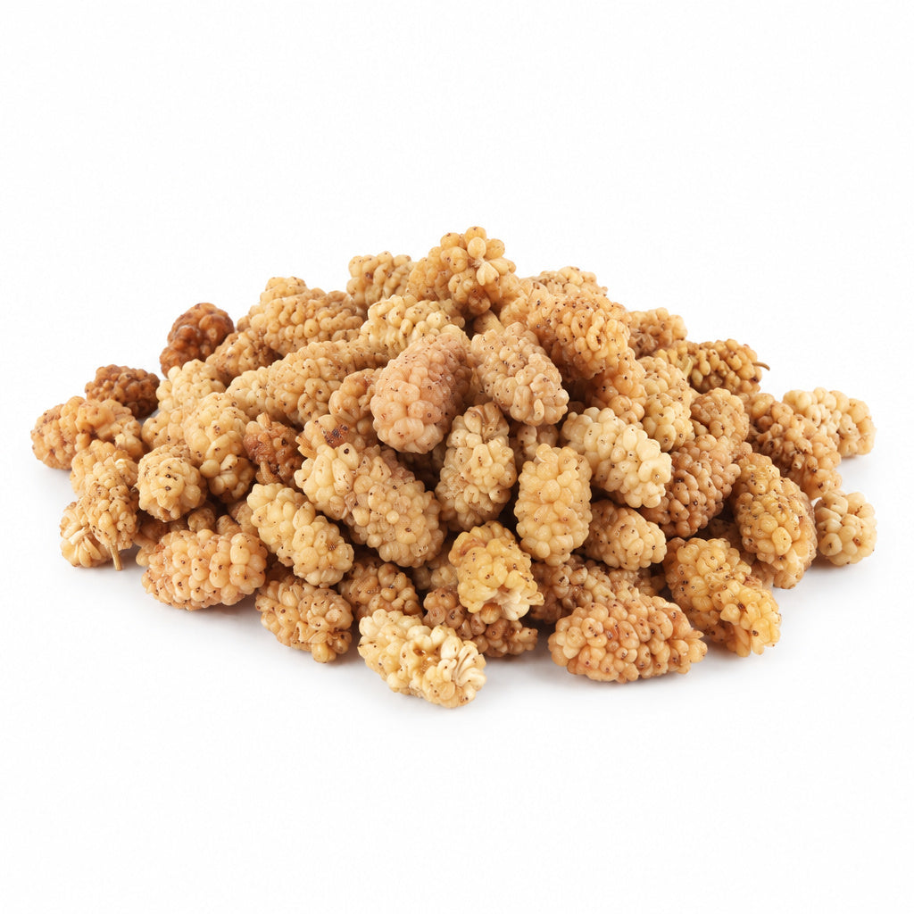 Create a photorealistic, high-end commercial product photograph of the uploaded Dried Mulberries #1 - (Dehydrated Crunch