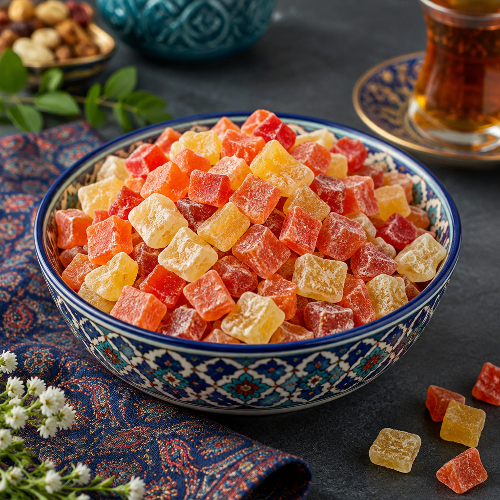 Create a photorealistic, high-end commercial food photograph for Dried Fruit Mix - Diced, based on the uploaded product