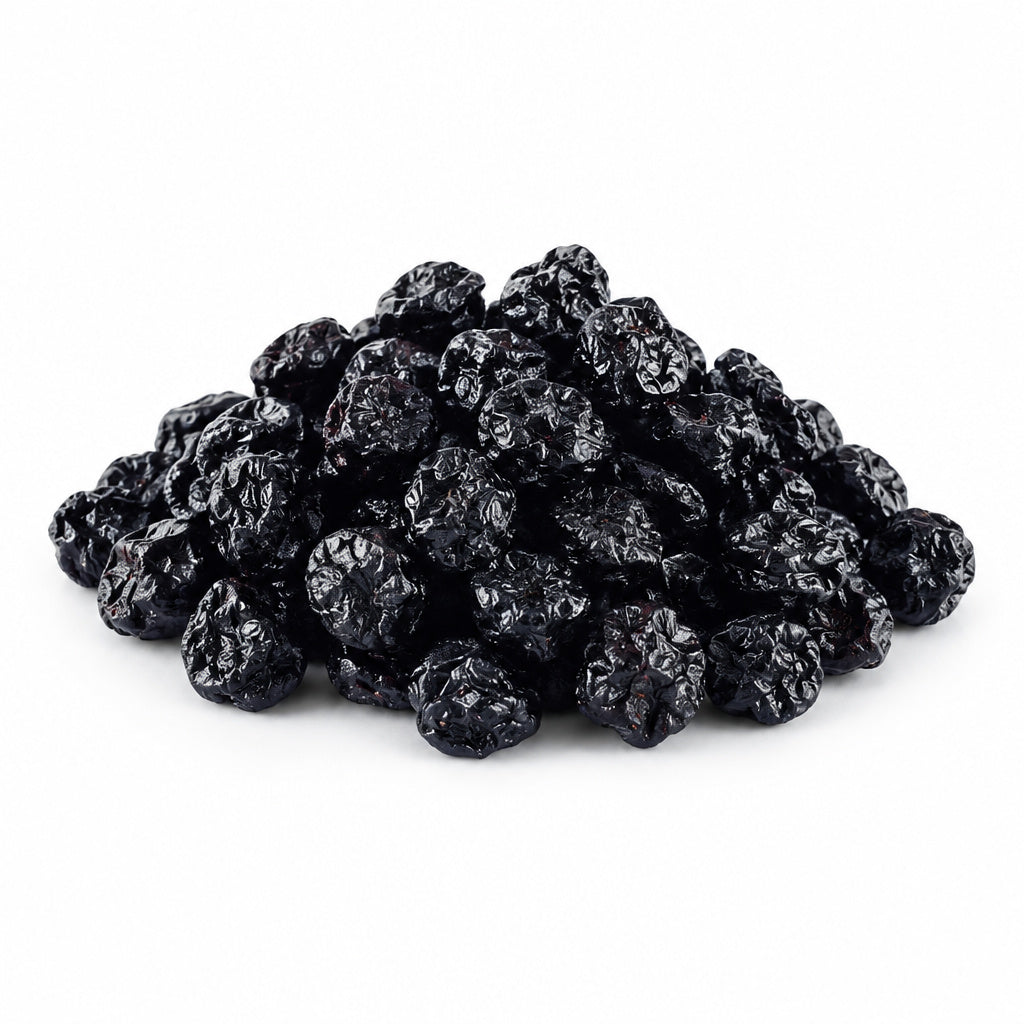 Create a photorealistic, high-end commercial product photograph of the uploaded Dried Blueberry, rendered from a visibly