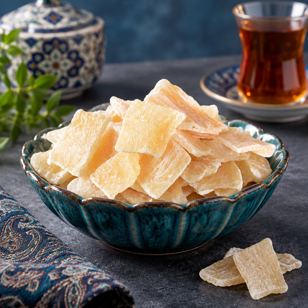 Create a photorealistic, high-end commercial food photograph for Dried Aloe Vera Chunks, based on the uploaded product i