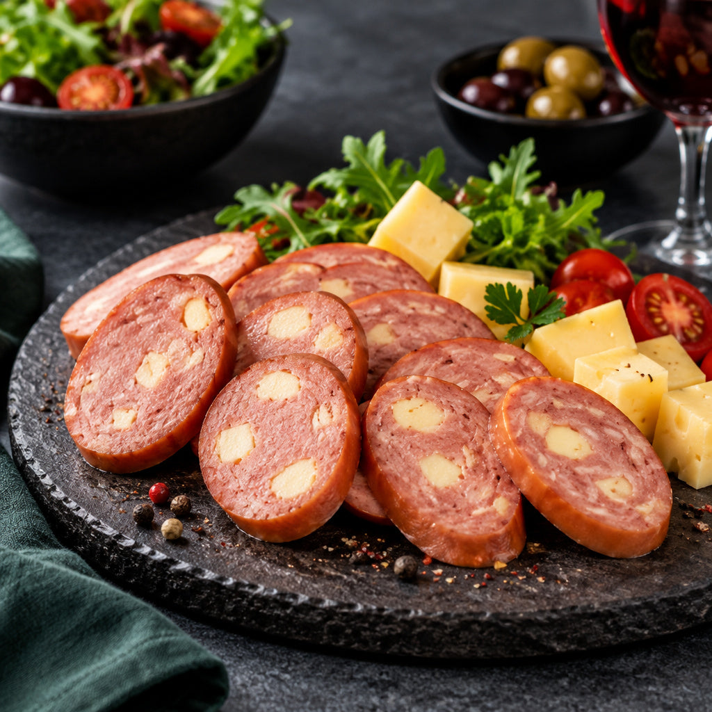 Create a photorealistic, high-end commercial food photograph for Krakow Cheese Sausage, showing ONLY an appetizing, read