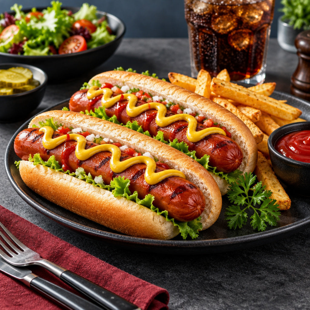 Create a photorealistic, high-end commercial food photograph for Smoked Beef Hot Dog 250 g, showing ONLY an appetizing,