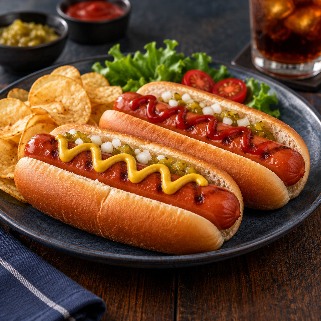 Create a photorealistic, high-end commercial food photograph for Beef Wieners, showing ONLY an appetizing, ready-to-eat