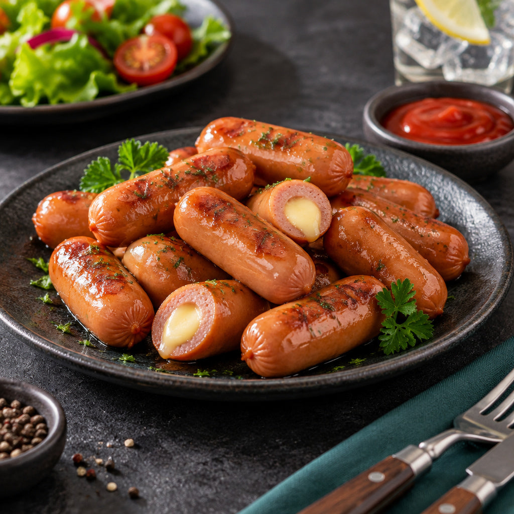 Create a photorealistic, high-end commercial food photograph for Cheese Beef Cocktail 500 g, showing ONLY an appetizing