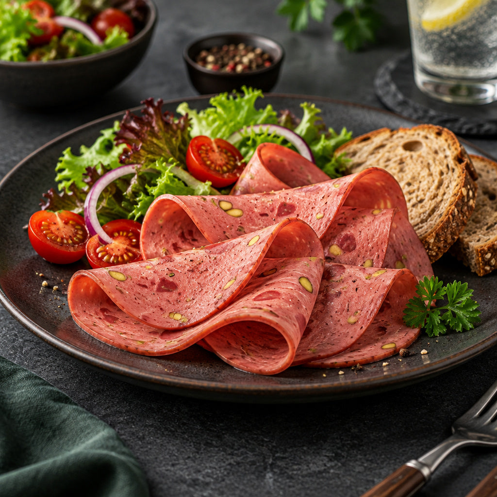 Create a photorealistic, high-end commercial food photograph for Premium Beef Jambon, showing ONLY an appetizing, ready-