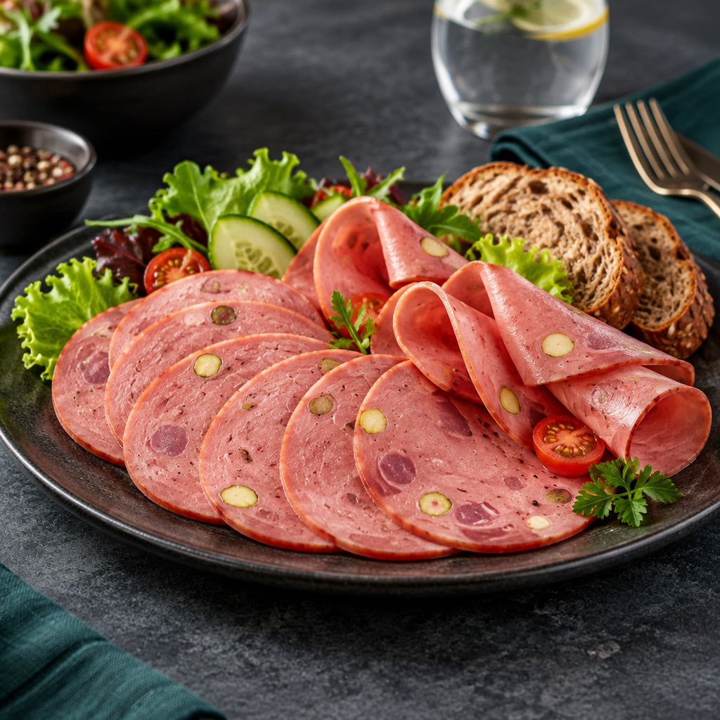 Create a photorealistic, high-end commercial food photograph for Smoked Beef Jambon, showing ONLY an appetizing, ready-t