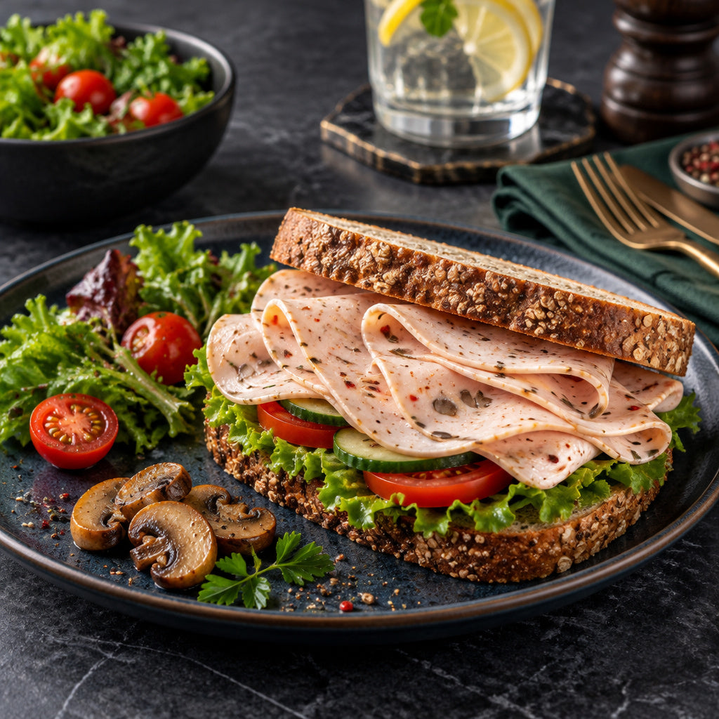 Create a photorealistic, high-end commercial food photograph for Chicken Mushroom 200 g, showing ONLY an appetizing, re