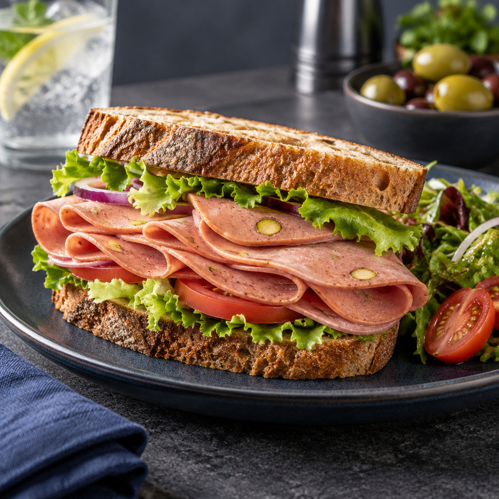 Create a photorealistic, high-end commercial food photograph for Beef Mortadella, showing ONLY an appetizing, ready-to-e