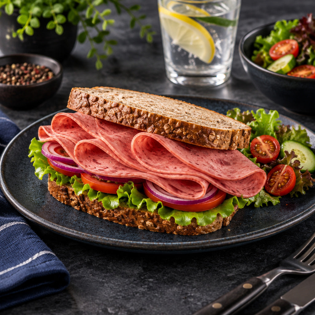Create a photorealistic, high-end commercial food photograph for Beef Jambon 200 g, showing ONLY an appetizing, ready-t